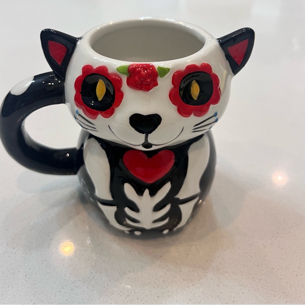 Retro Day Of The‎ Dead Cat Skeleton Cup Floral Ceramic Coffee Mug